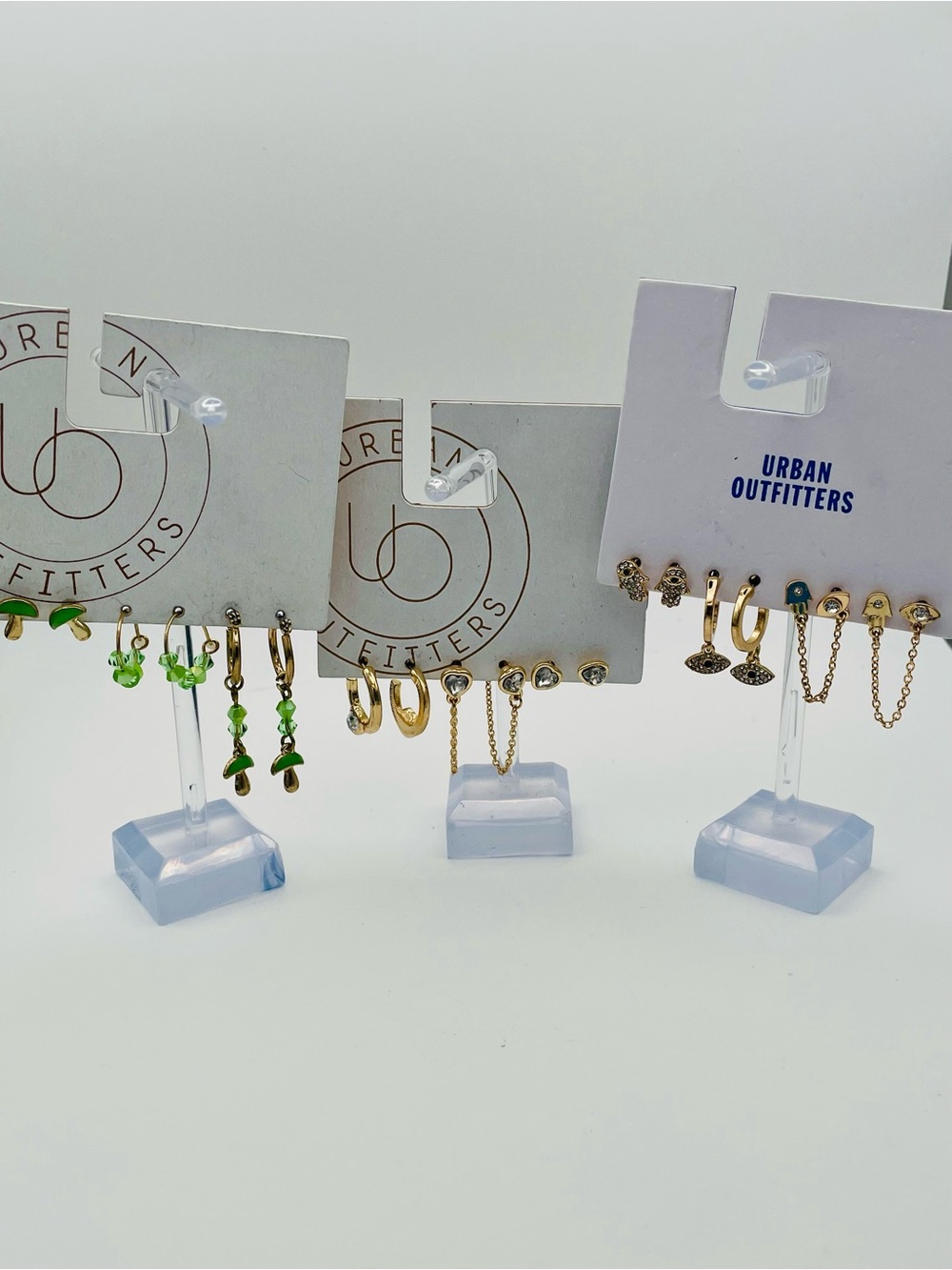 Urban Outfitters Earrings Set Trio. Gold Hamsa Hand, Gold Heart, Green Mushroom